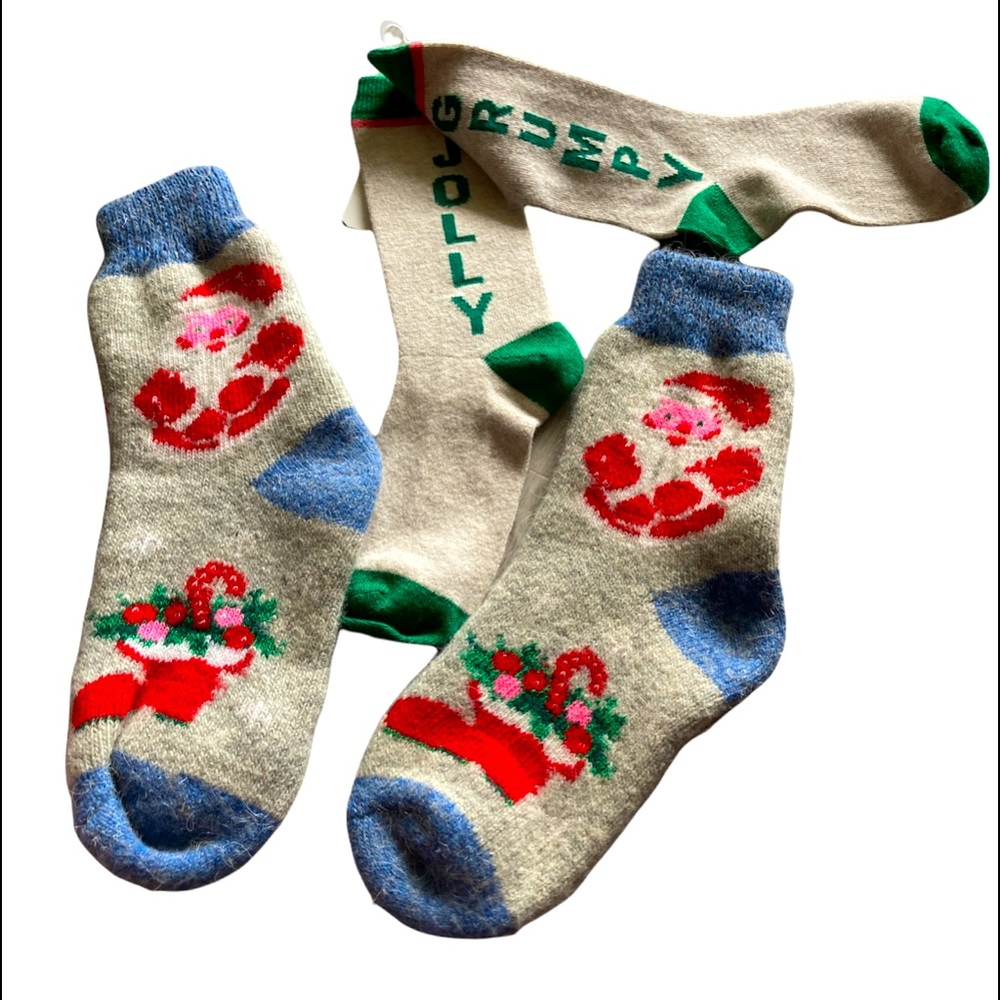 Christmas Socks 2 Pair Jolly Grumpy Knee Length Vintage Santa Clause Wool Crew